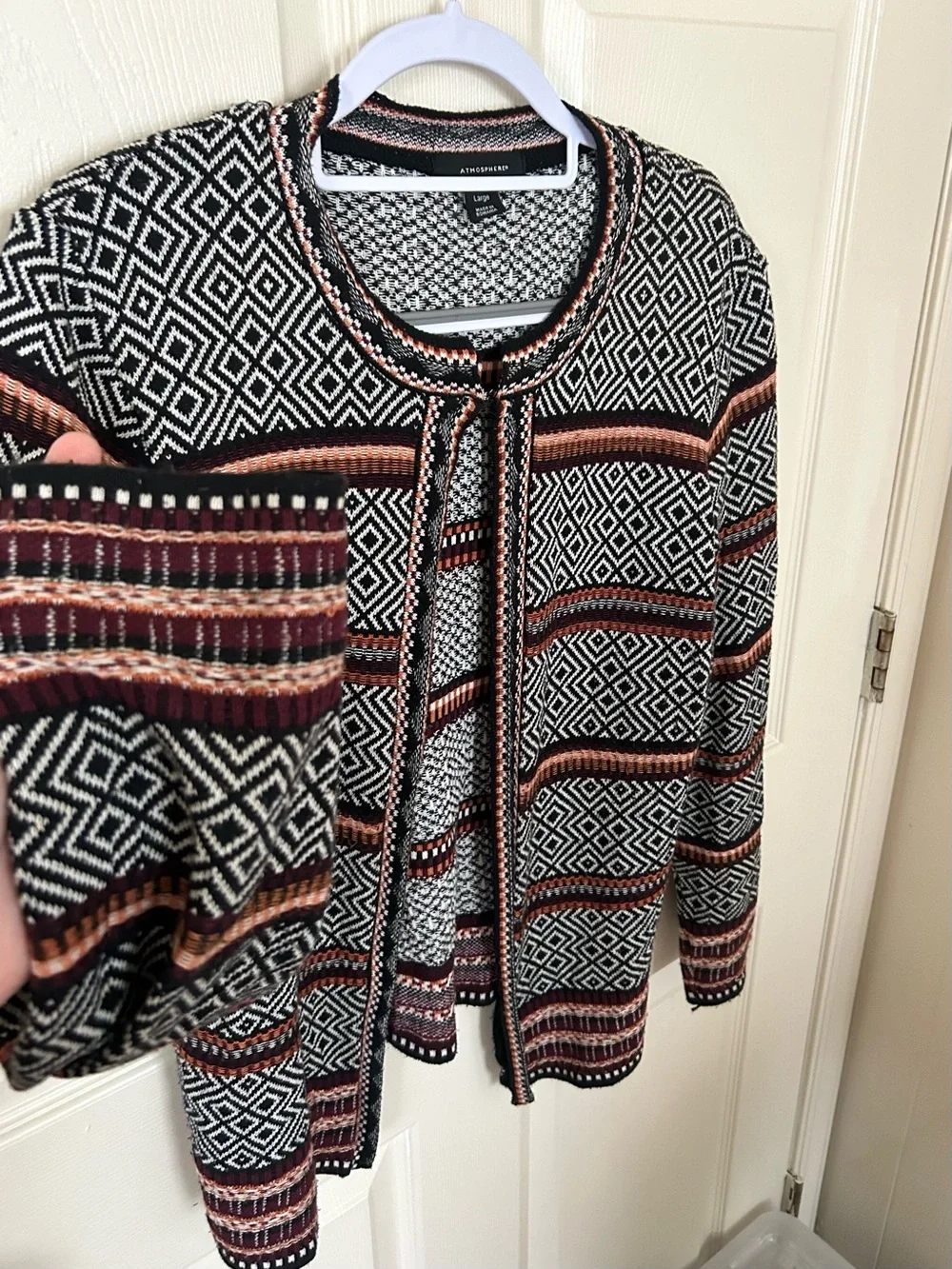Atmosphere Geometric Knit Open Front Cardigan Size Large Cotton Blend Neutral